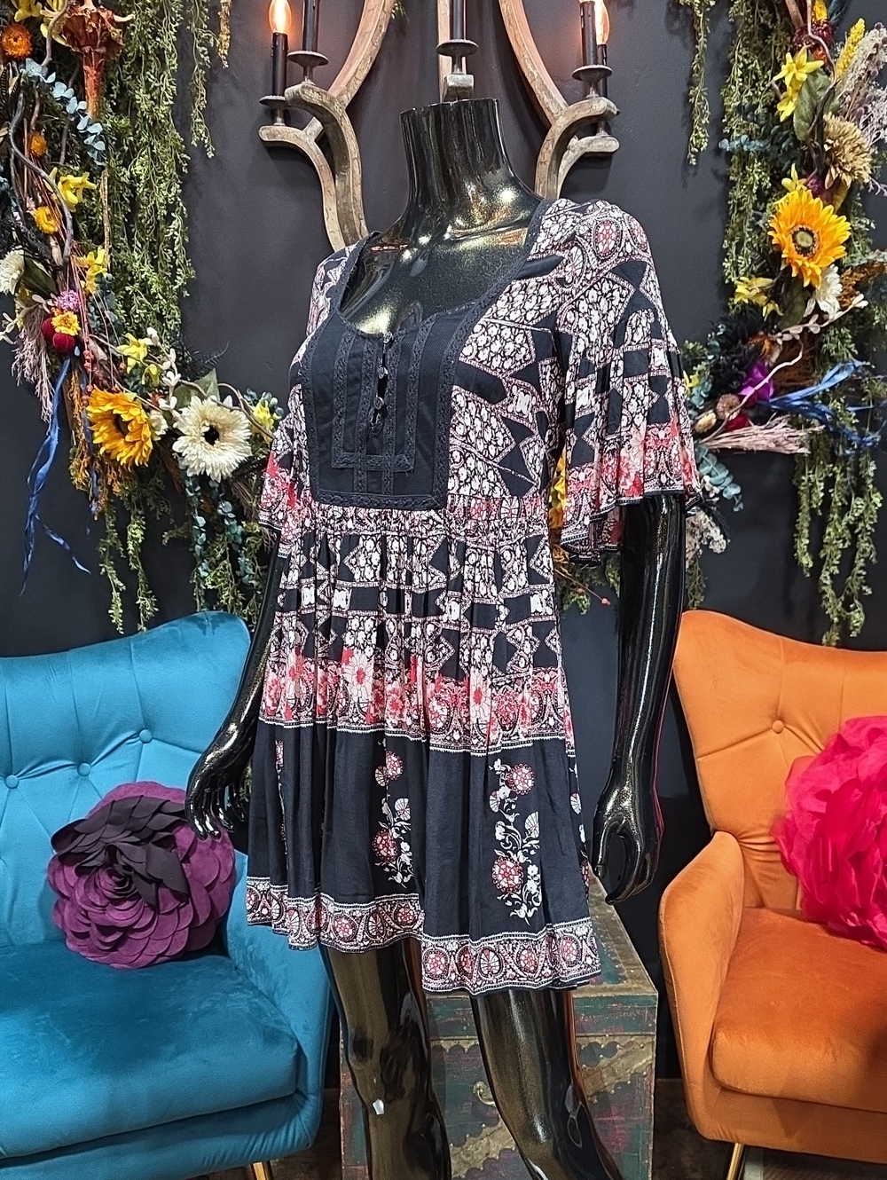Free People Black Mini Dress with Pink Floral Print